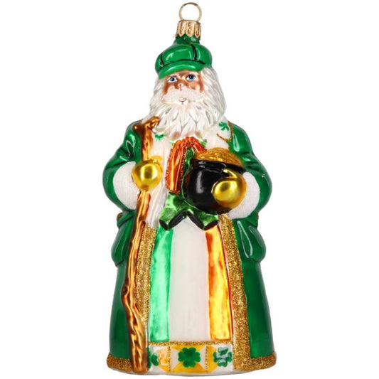 Joy to the World Ireland Santa with Pot of Gold Polish Glass Ornament 6.4 Inch