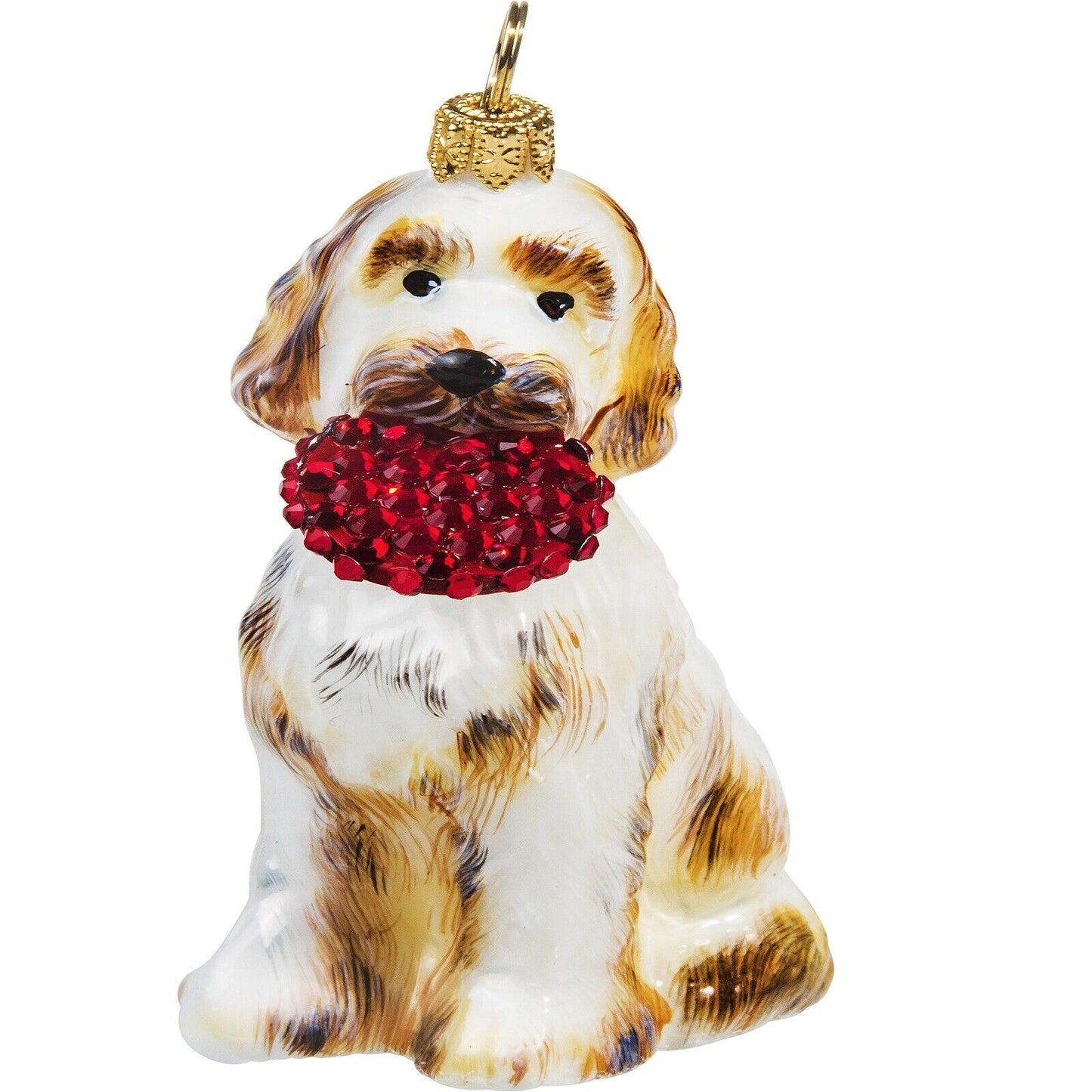 Joy to the World Goldendoodle with Crystal Flying Disc Polish Glass Christmas Ornament