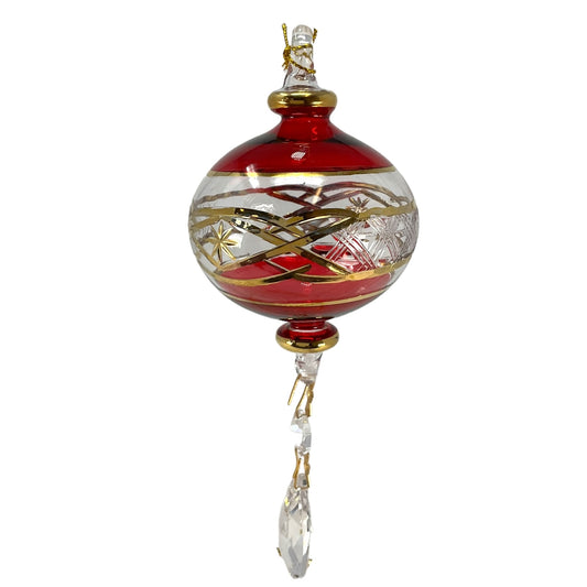 Red Ball with Gold Accents and Crystal Charm Egyptian Glass Christmas Ornament