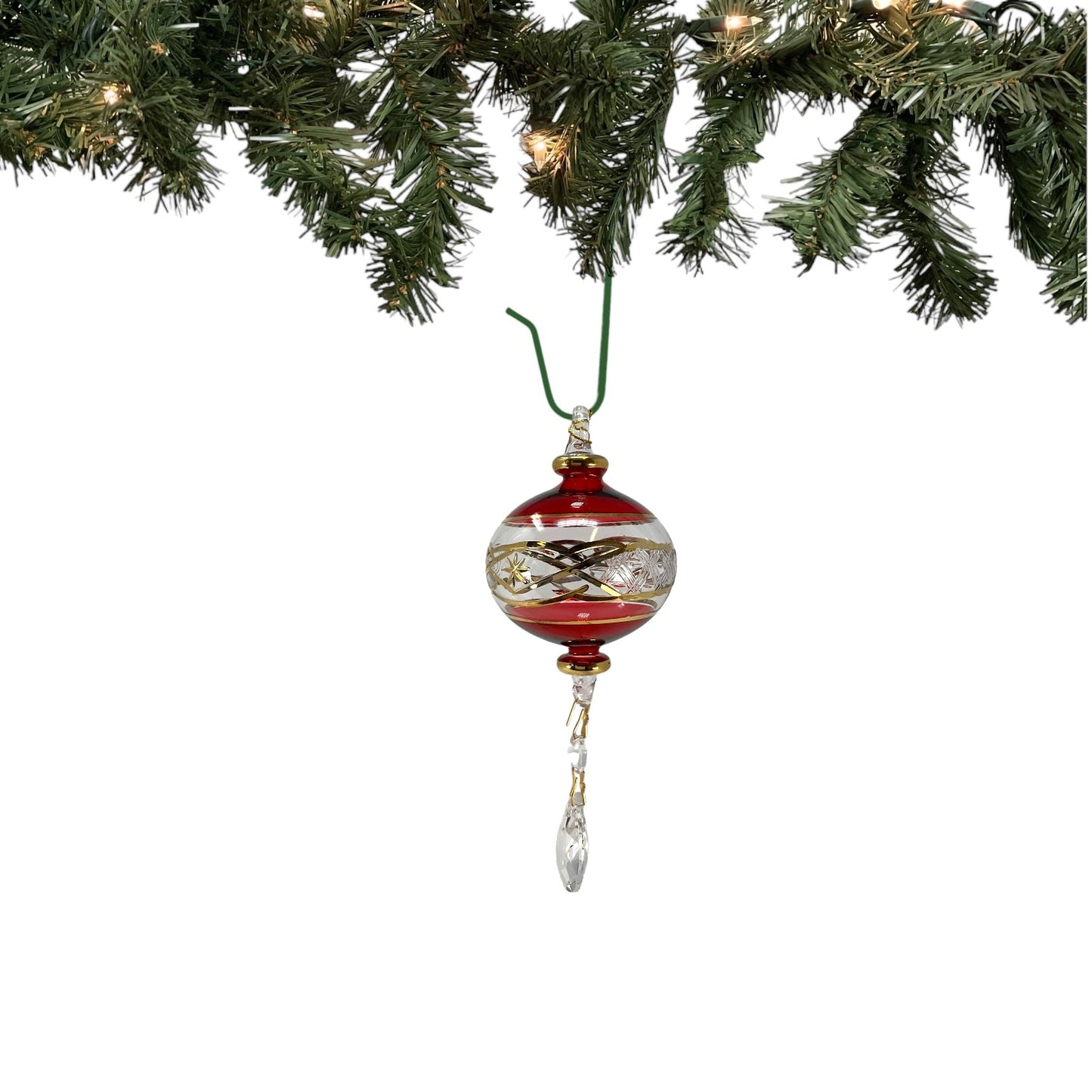 Red Ball with Gold Accents and Crystal Charm Egyptian Glass Christmas Ornament