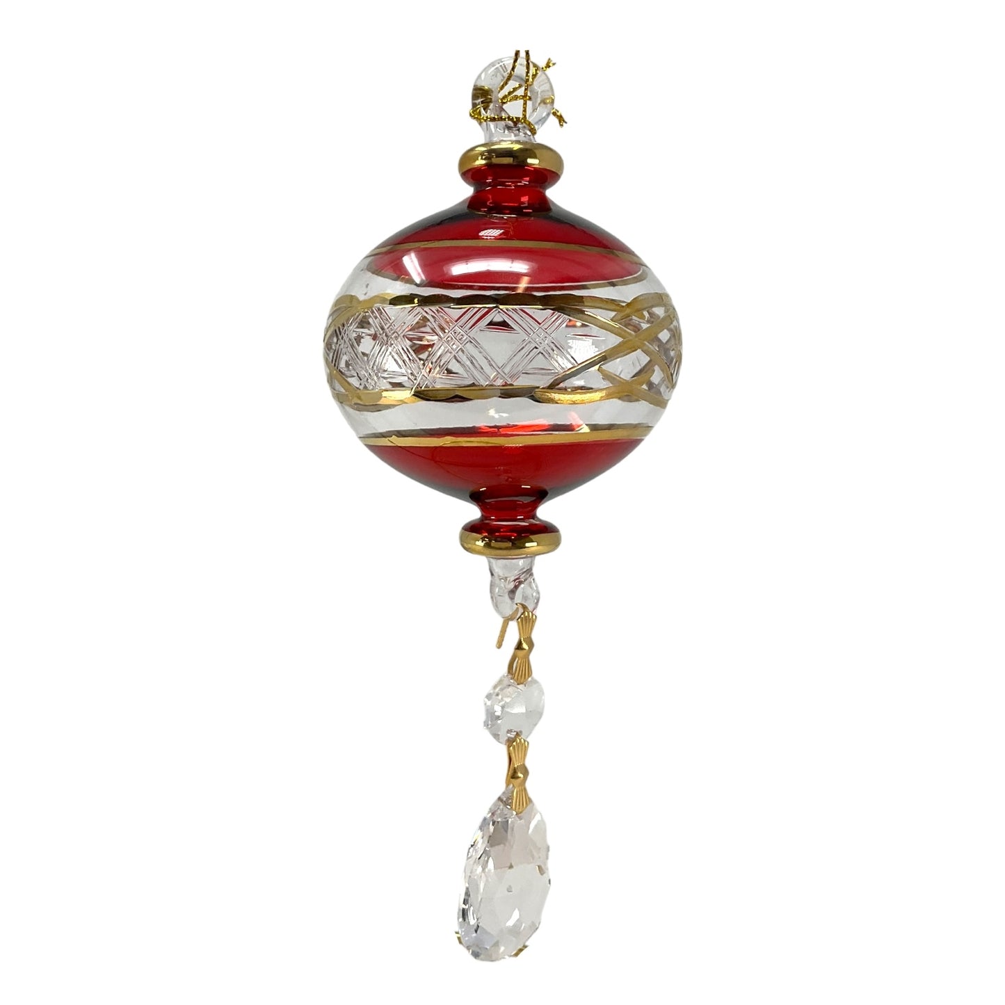 Red Ball with Gold Accents and Crystal Charm Egyptian Glass Christmas Ornament