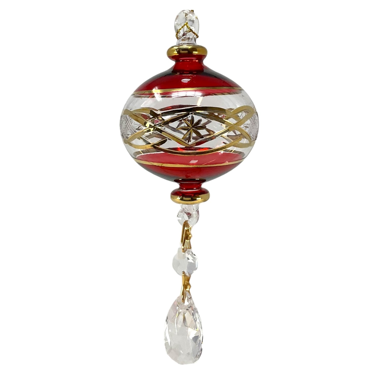 Red Ball with Gold Accents and Crystal Charm Egyptian Glass Christmas Ornament