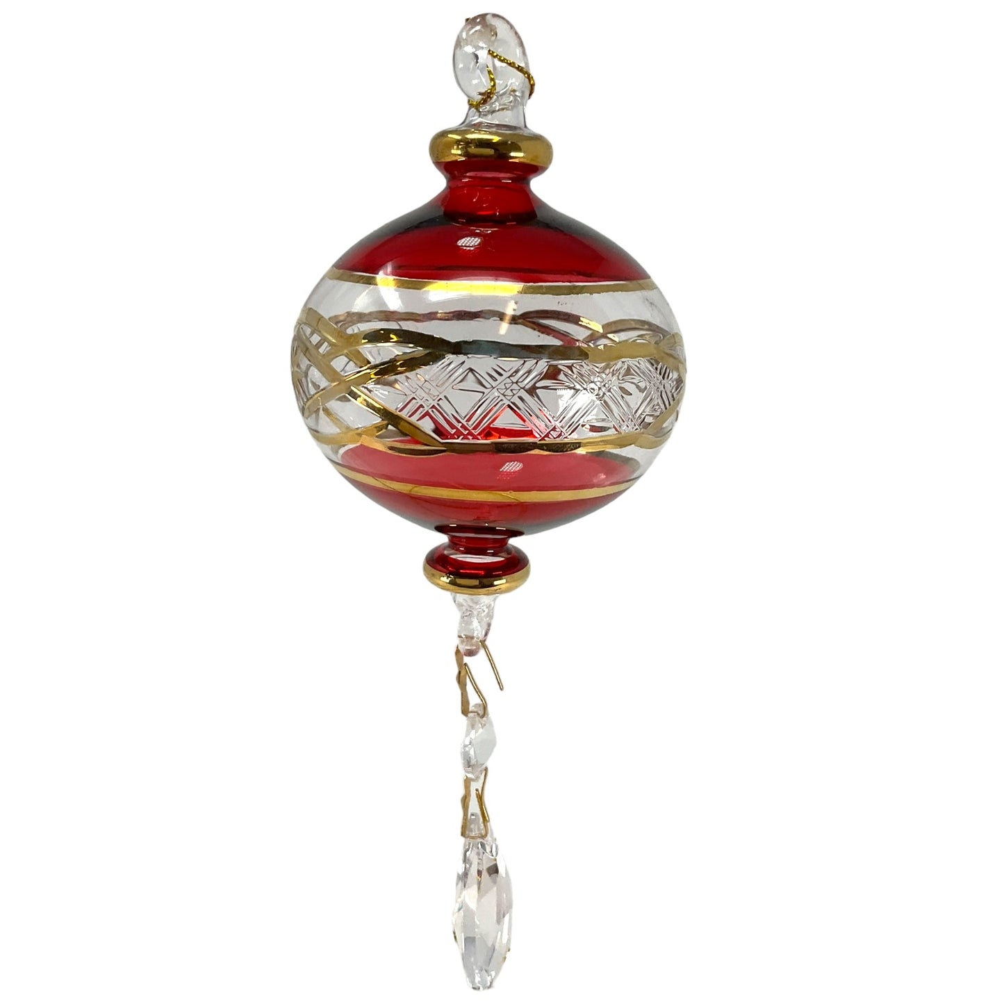 Red Ball with Gold Accents and Crystal Charm Egyptian Glass Christmas Ornament