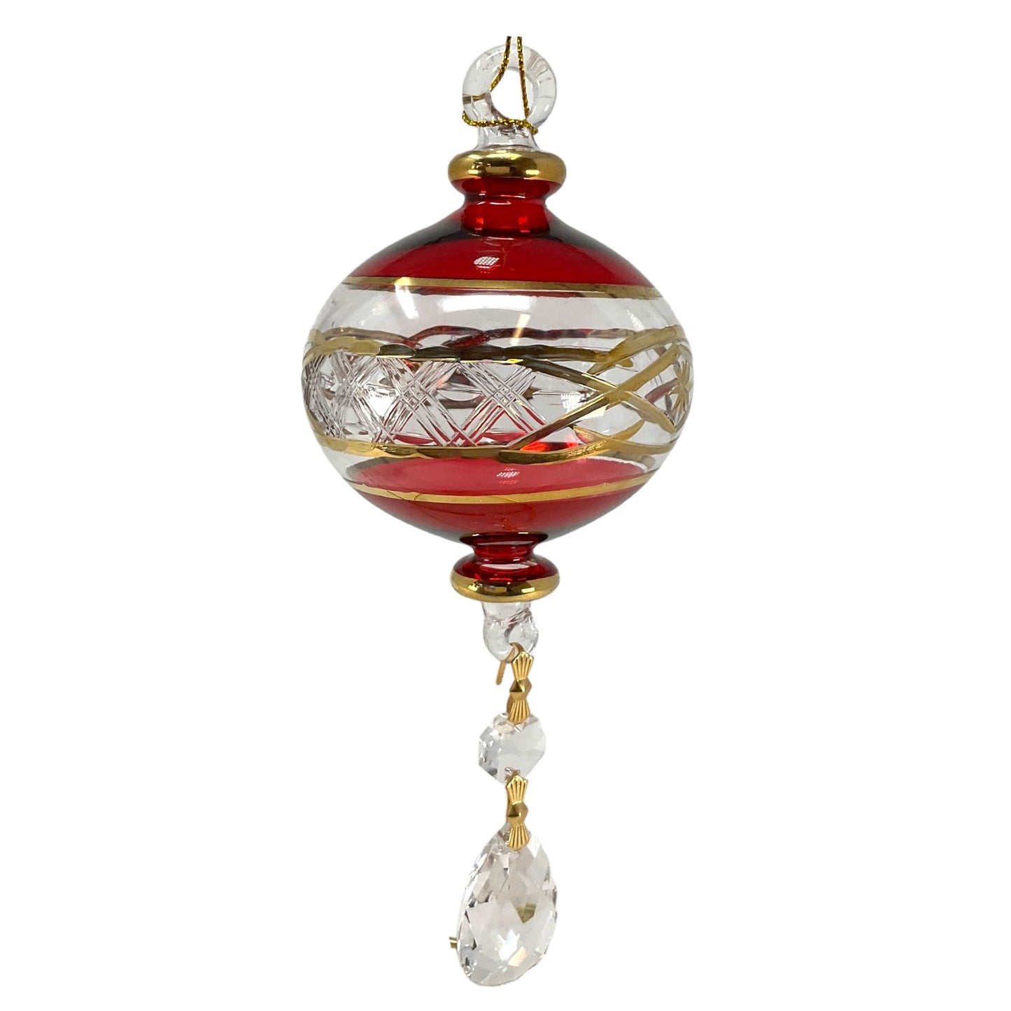 Red Ball with Gold Accents and Crystal Charm Egyptian Glass Christmas Ornament