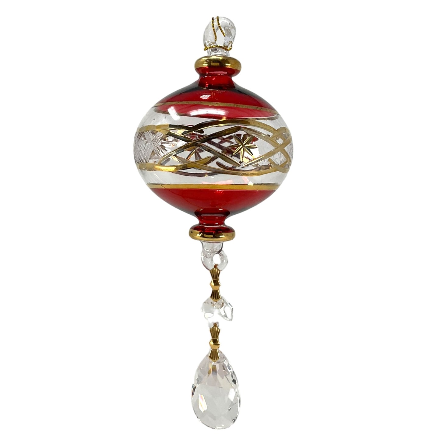 Red Ball with Gold Accents and Crystal Charm Egyptian Glass Christmas Ornament