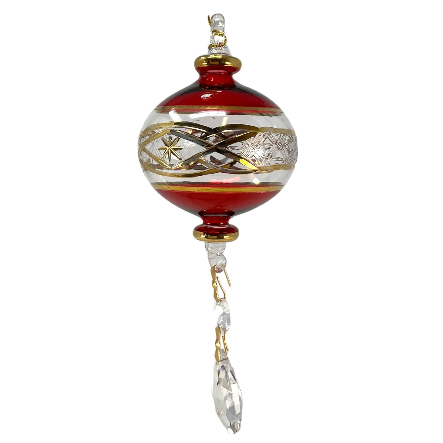 Red Ball with Gold Accents and Crystal Charm Egyptian Glass Christmas Ornament