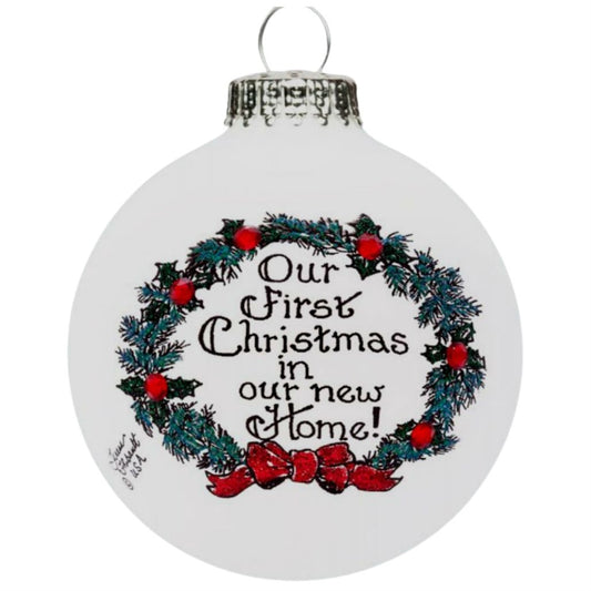 Our First Christmas In Our New Home Wreath Made in USA Glass Christmas Ornament