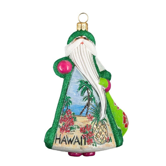 Joy to the World Aloha Hawaii Santa with Hula Dancer Polish Glass Glitterazzi Christmas Ornament