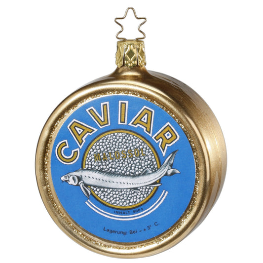 Inge Glas Gold Can of Caviar Fish Mouth Blown Glass German Christmas Ornament FREE BOX