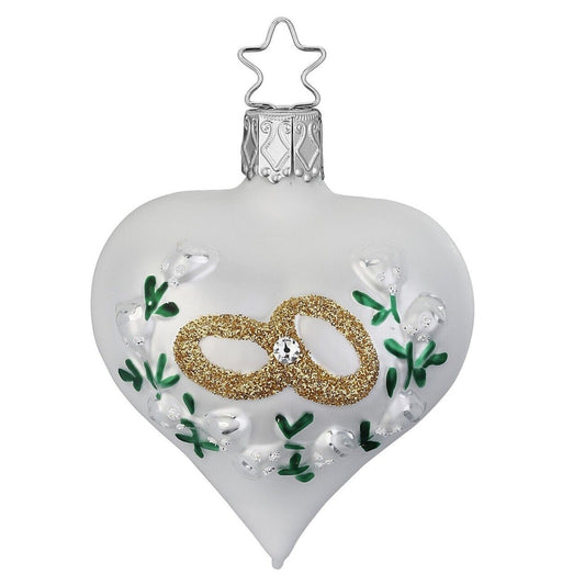 Inge Glas Bond of Love White Heart Wedding Rings German Ornament FREE BOX 2.8 In