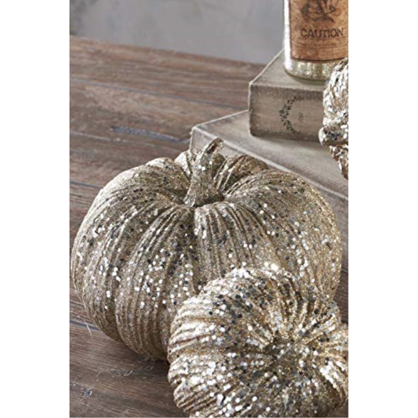 K&K Interiors Champagne Glitter Pumpkin Display Piece Home Decoration 6 x 8 inch