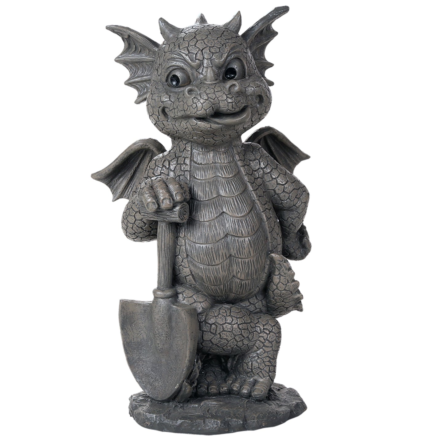 Gardening Dragon with Shovel Outdoor Garden Statue Resin Stone Look Figurine 11 inches Tall
