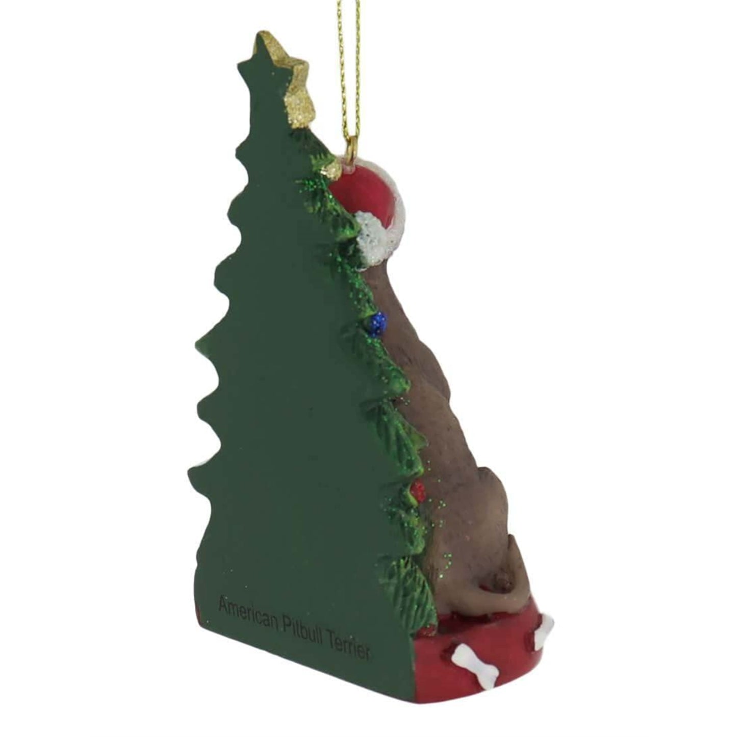 Kurt Adler American Pitbull Dog Sitting by Christmas Tree Wearing Santa Hat Resin Ornament 4.25 inch