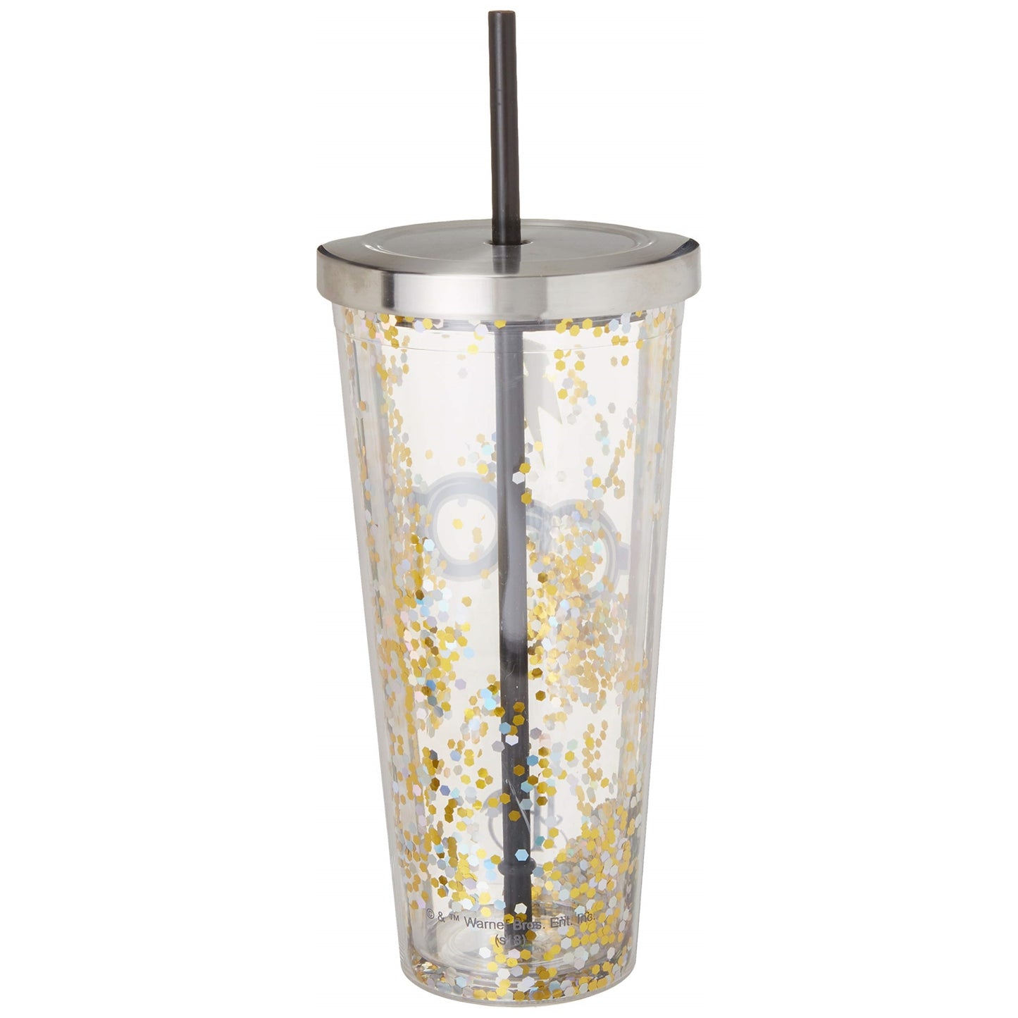 Spoontiques Harry Potter Glasses Double Walled Insulated Acrylic Tumbler Glitter Cup with Straw 20 ounce