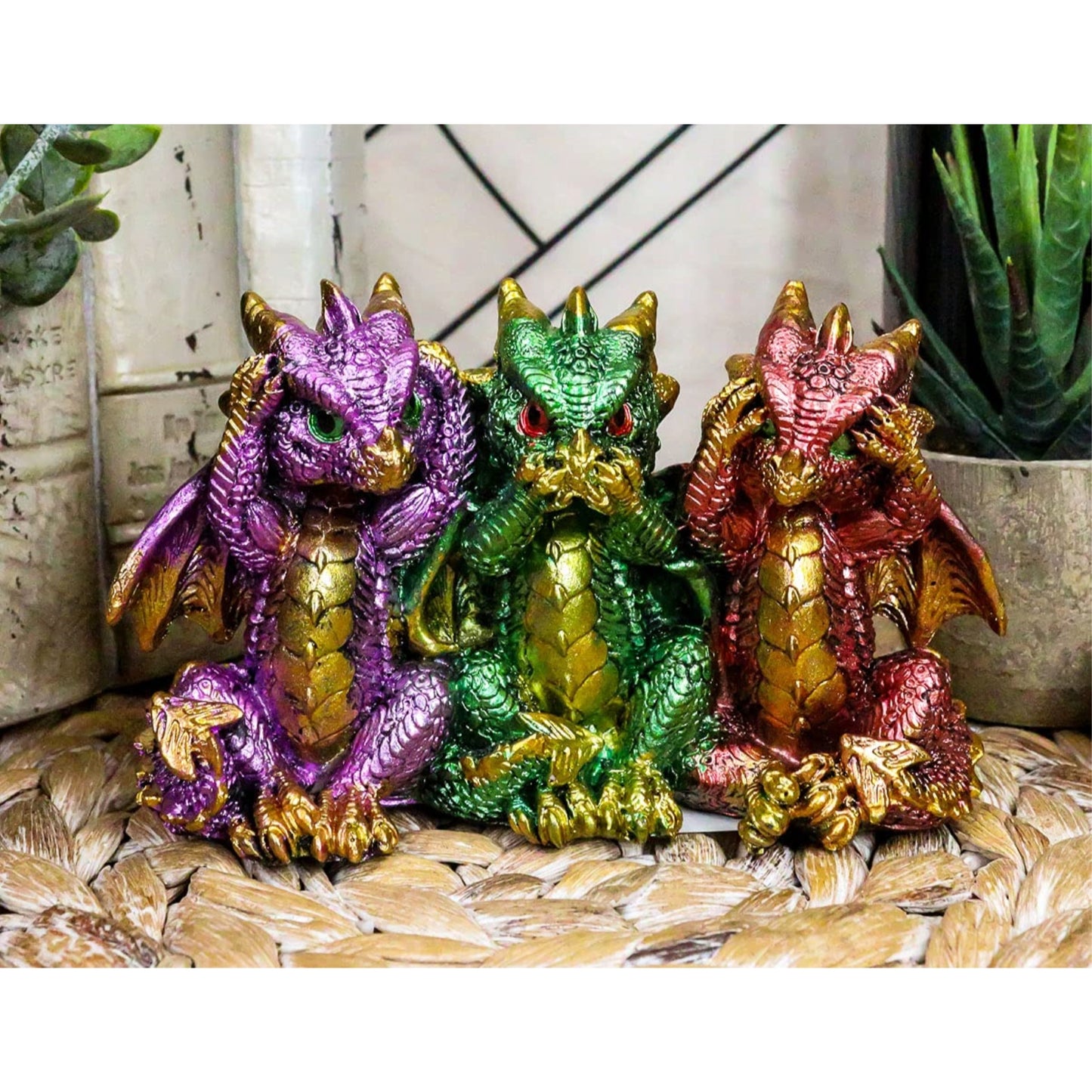 Multicolor Dragons See Hear Speak No Evil Resin Figurine 5.5 x 3.25 inch