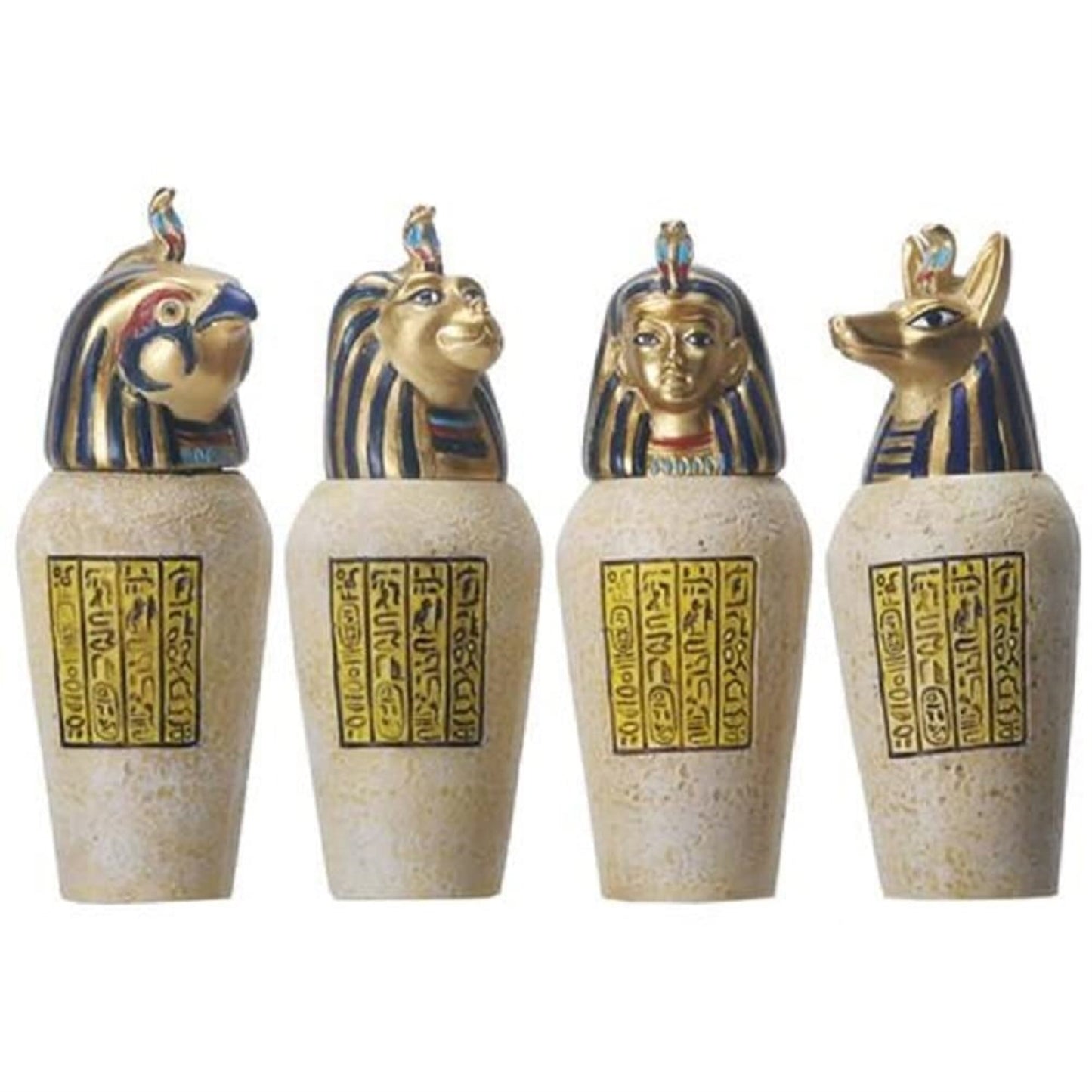 Egyptian Canopic Jar Figurines Set of 4 Pieces 3.5 inch Jackal Falcom Human Lion