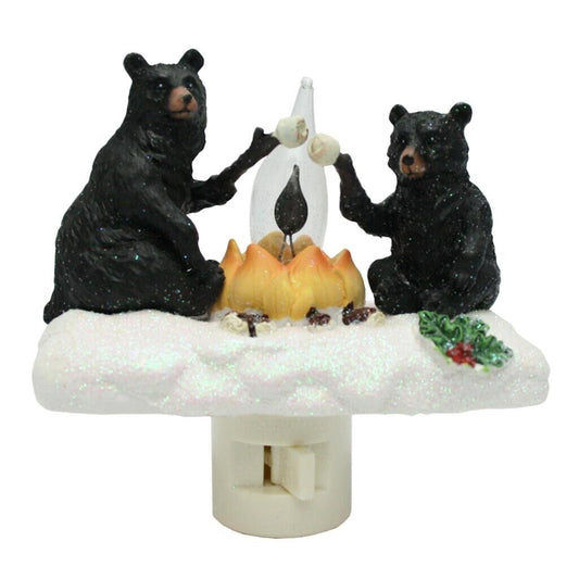 Roman Black Bears Roasting Marshmallows Around Campfire Flickering Flame Plug in Night Light 4.5 Inch