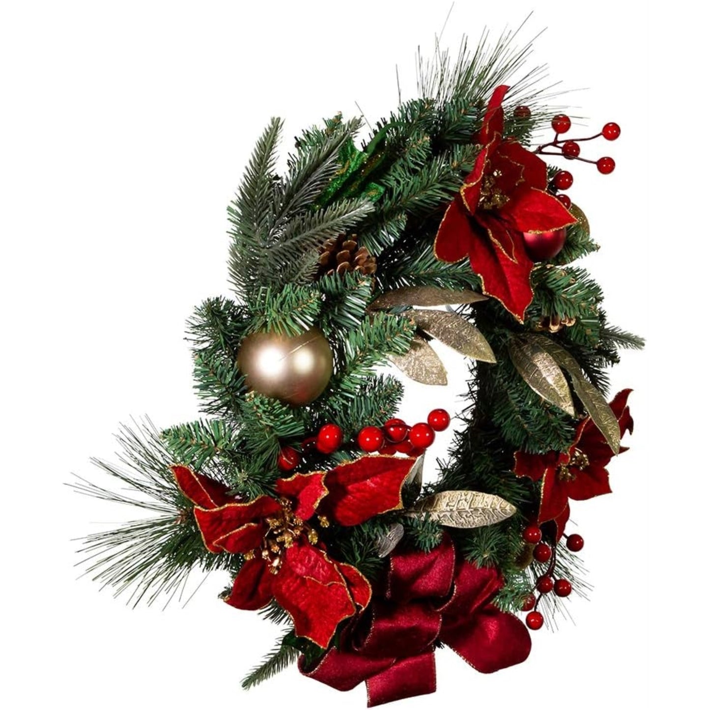 Kurt S. Adler H4015 20 in. Unlit Red Poinsettia Wreath with Gold Balls & Pinecones