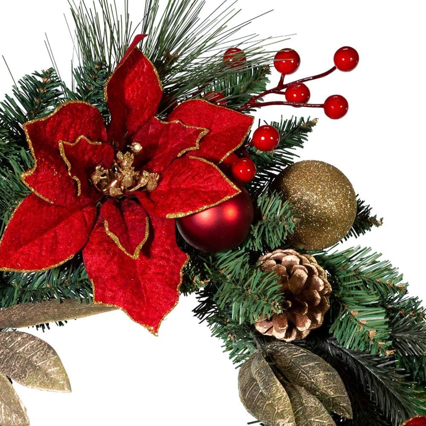 Kurt S. Adler H4015 20 in. Unlit Red Poinsettia Wreath with Gold Balls & Pinecones
