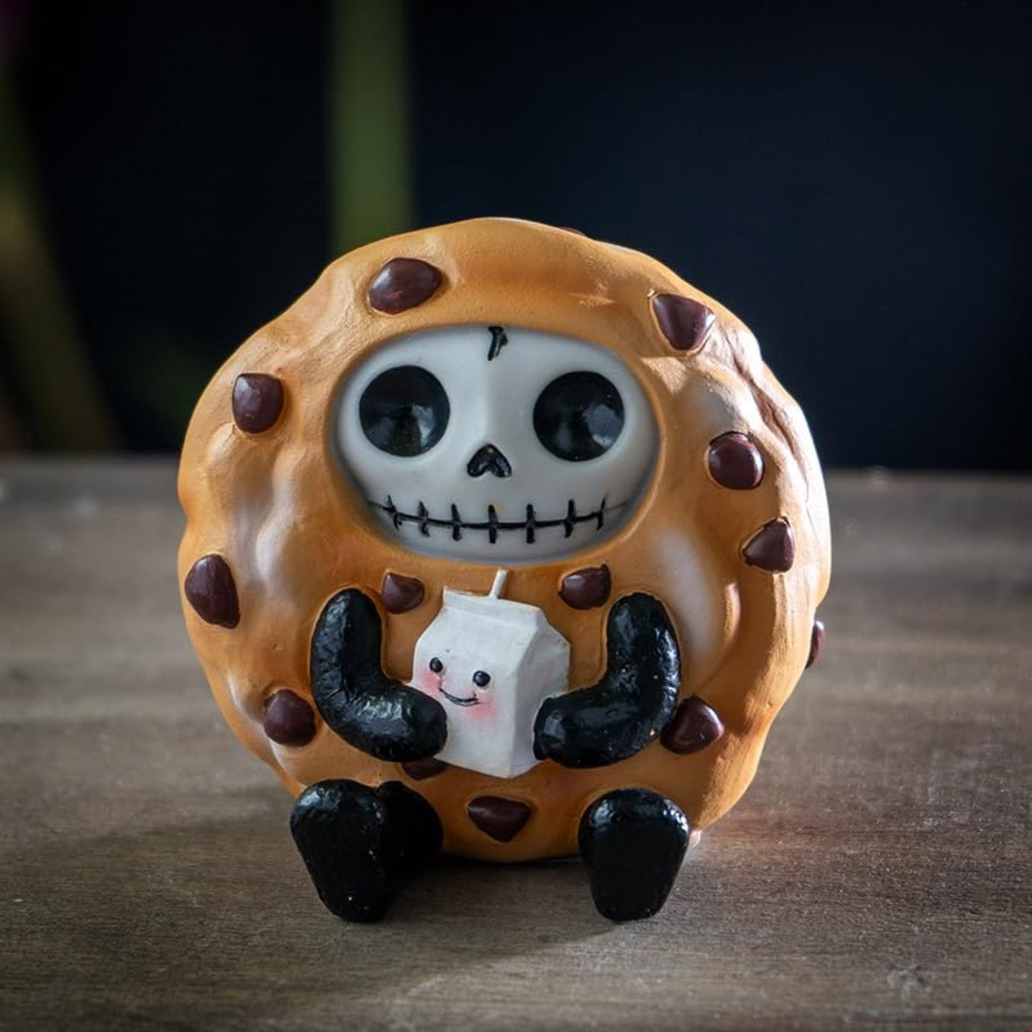 Choco Chip Furrybones Figurine Skeleton in Chocolate Chip Cookie Costume with Cute Milk Friend 2.56" Tall