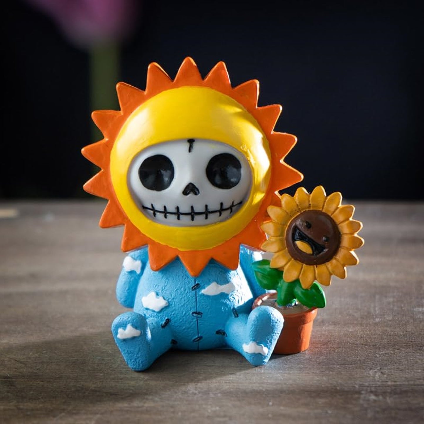 Furrybones Sol Figurine Skeleton in Sunflower Costume with Smiling Potted Sunflower Friend 2.8 inch