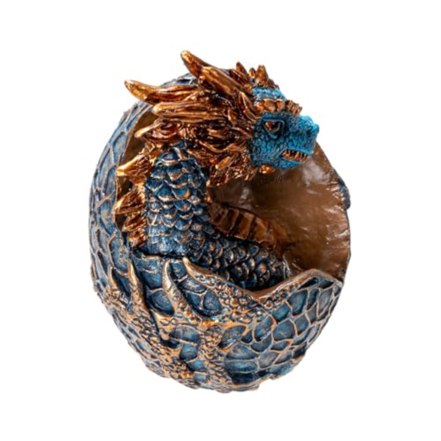 Dragon Hatchling Figurine Blue and Gold Baby Dragon Emerging from Egg Fantasy Resin Sculpture 3.62 inch