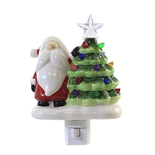 Santa Gnome Vintage Christmas Tree with Star Ceramic Plug in Night Light 6 inch