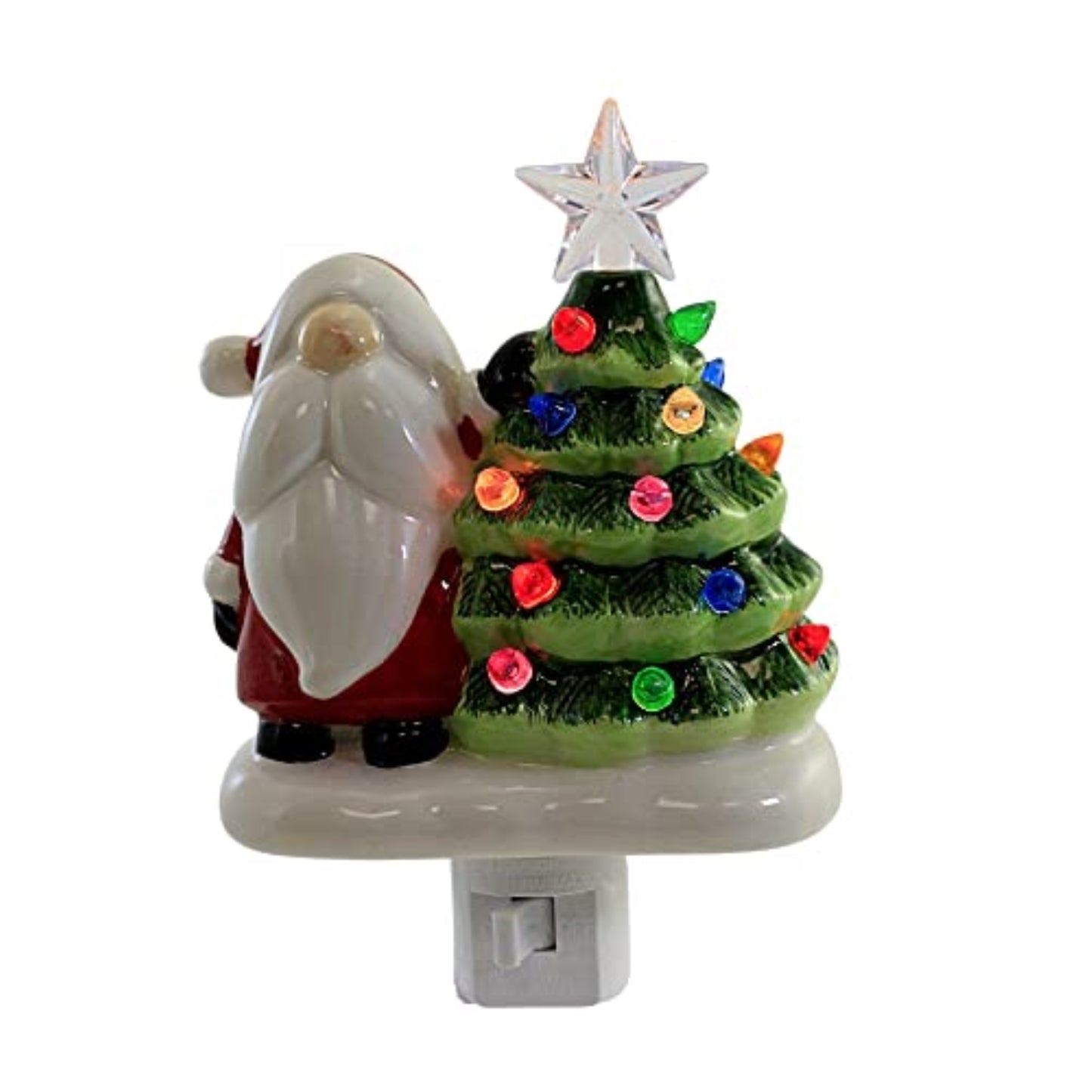 Santa Gnome Vintage Christmas Tree with Star Ceramic Plug in Night Light 6 inch