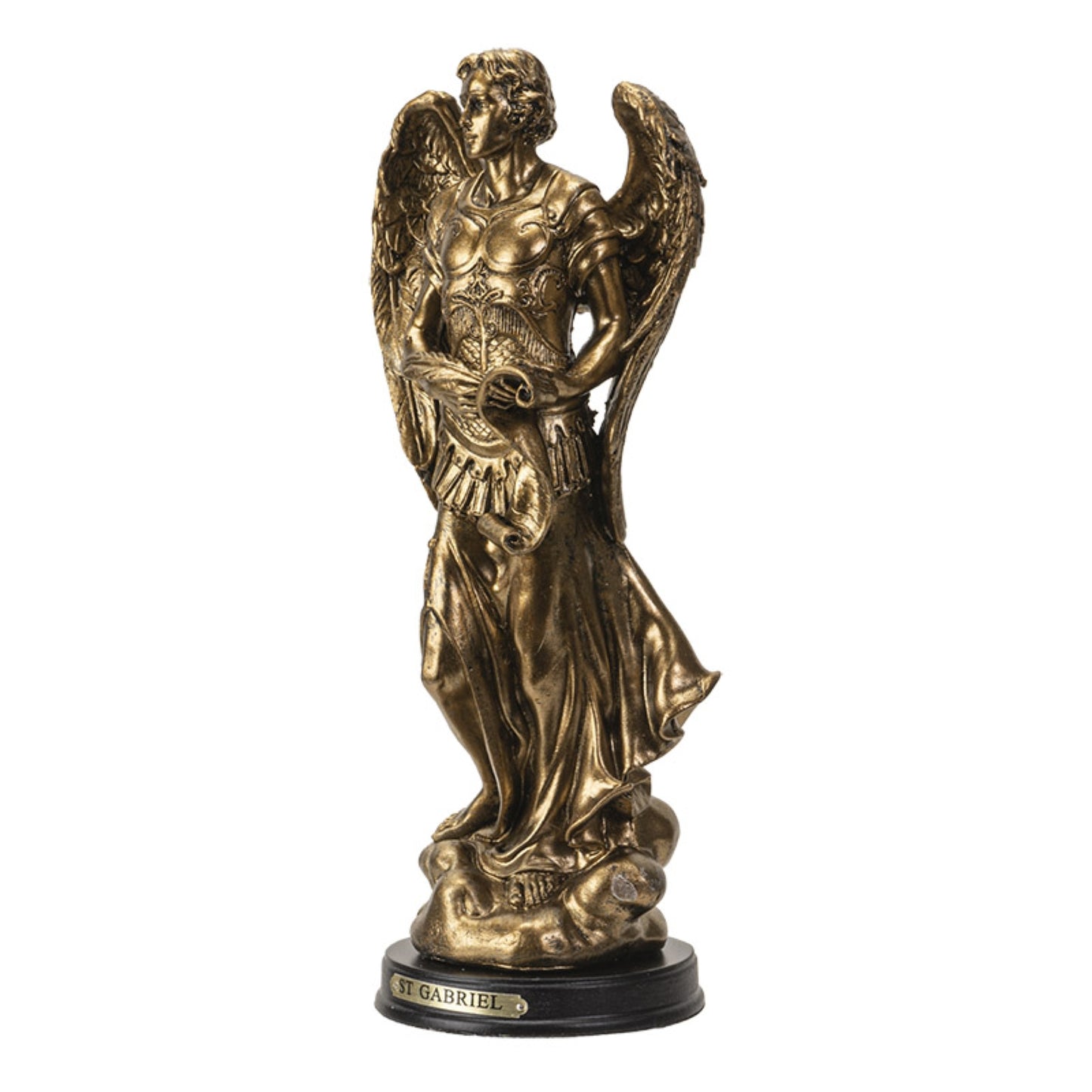 St. Gabriel Archangel Messenger from God Figurine 8 Inch Tall Wooden Base with Brass Name Plate