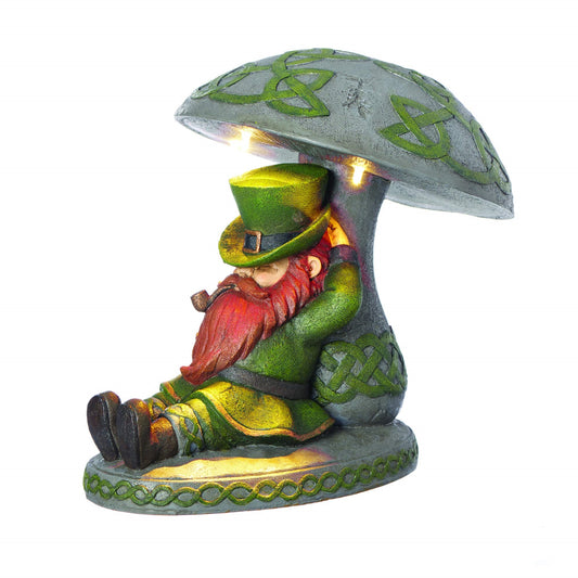 Roman Garden - LED Leprechaun Sleeping Under Mushroom Garden Statue, 10" H, Irish Collection, Resin and Stone, Decorative
