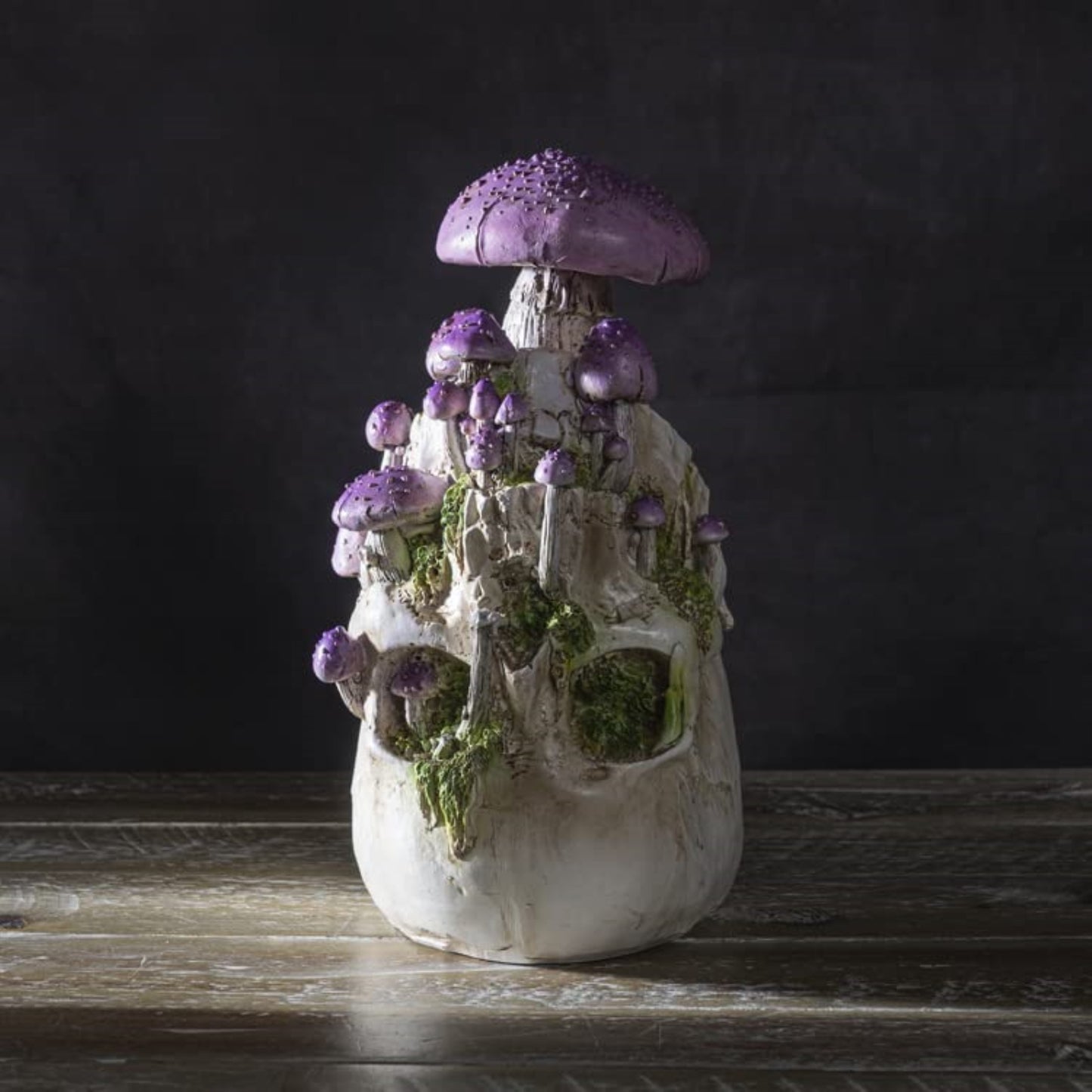 Skull with Purple Mushrooms Figurine 8.7 inch Tall Resin Halloween Home Decor