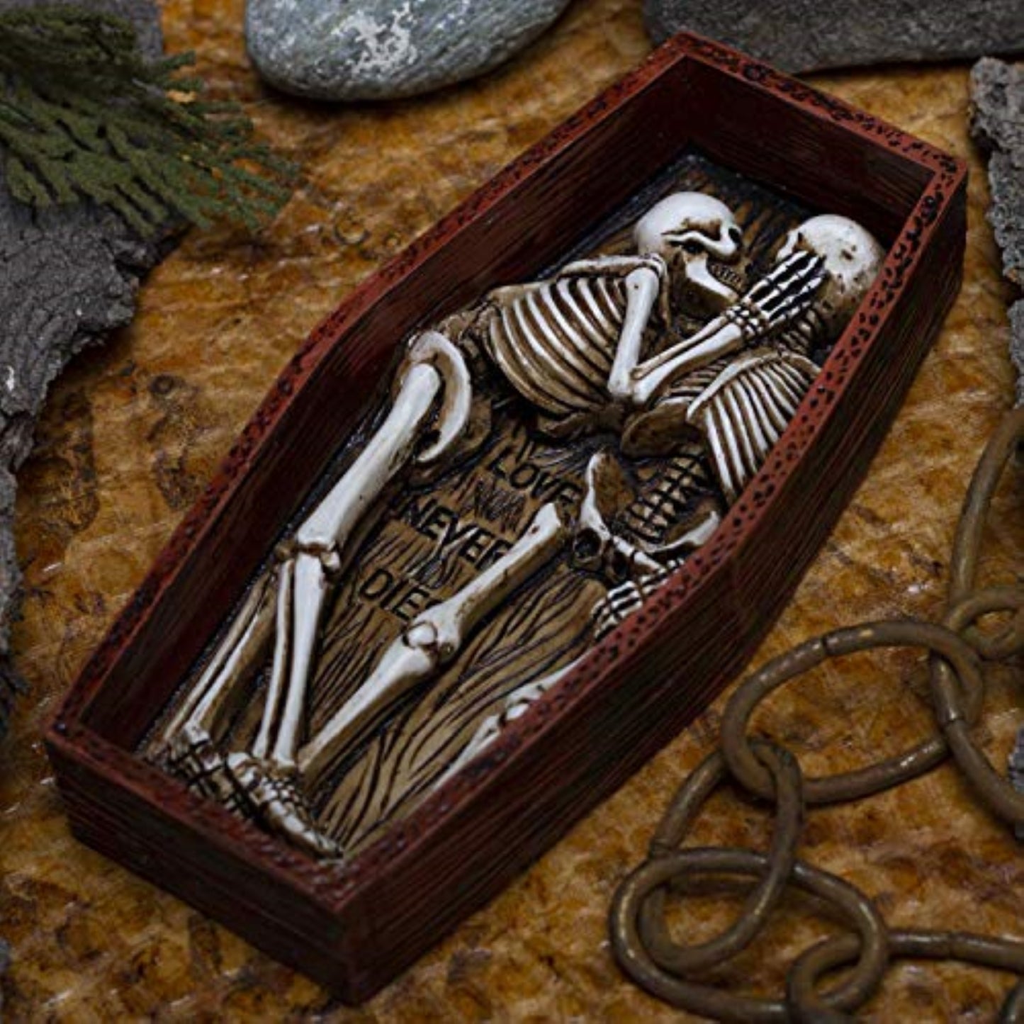 Love Never Dies Skeleton Couple Buried Together in The Coffin Resin Figurine 6.75 inch
