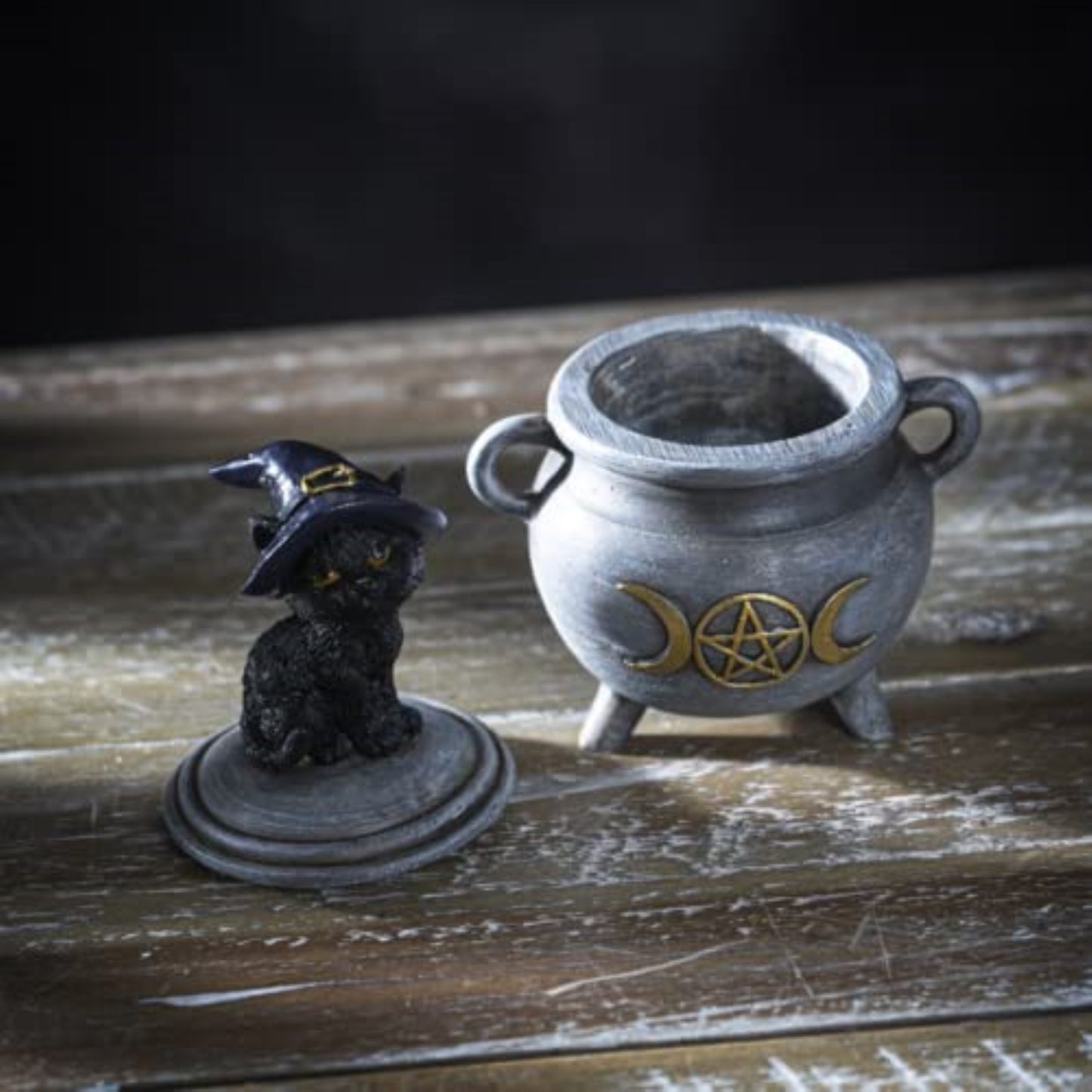 Black Cat with Witch Hat Sitting on Cauldron Halloween Resin Jewelry Trinket Keepsake Box 5.5 inch