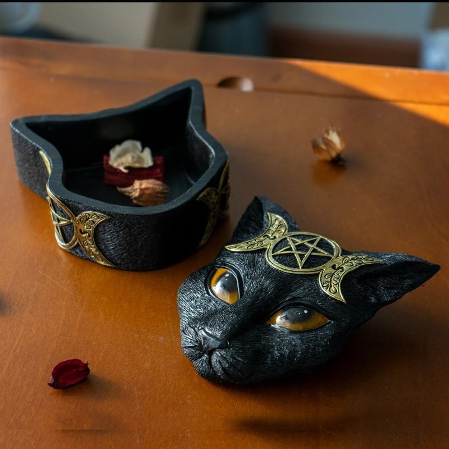 Mystical Triple Moon Black and Gold Cat Jewelry Trinket Keepsake Box Wiccan Feline Home and Halloween Decor