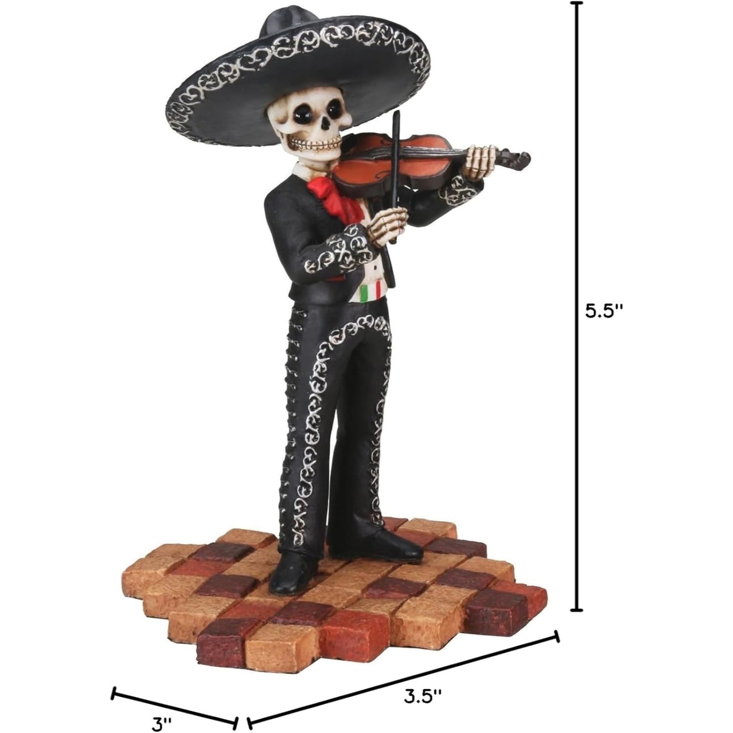 Male Skeleton Skull Black Mariachi Band Violin Statue Figurine 5.25 inch