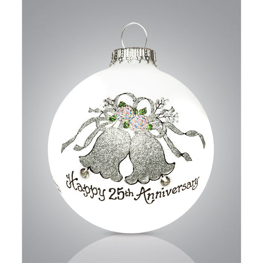 Happy 25th Anniversary Bells Christmas Glass Ornament Made in USA