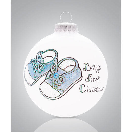 Baby Boys First Christmas Blue Booties Made in USA Glass Christmas Ornament