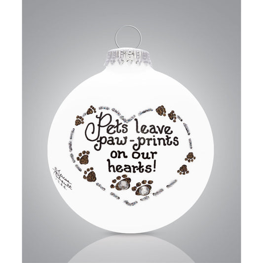 Pets Leave Paw Prints on Our Hearts Glass Ornament Made in the USA