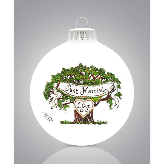 Just Married Tree Wedding Glass Christmas Ornament Made in the USA