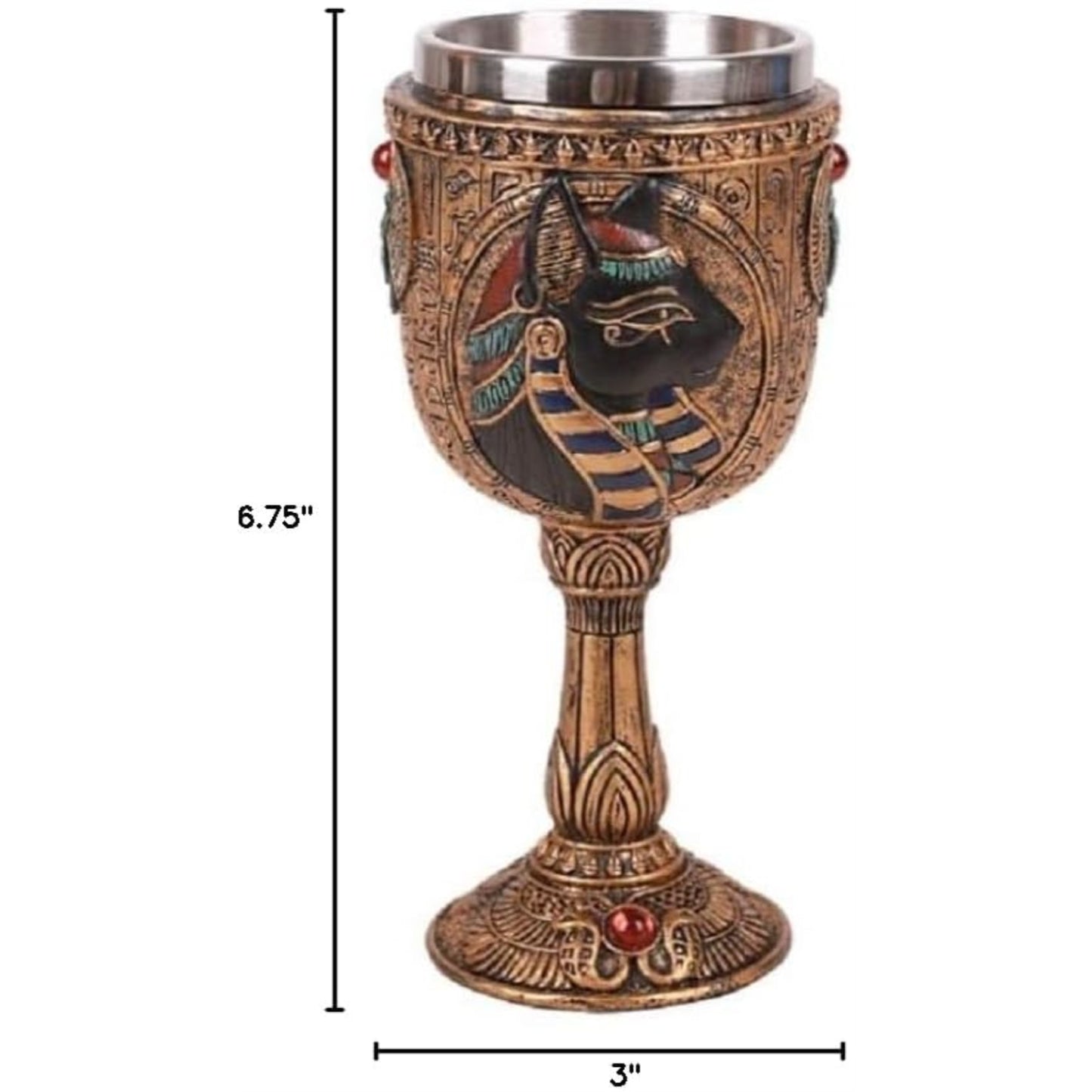 Egyptian Royalty Bastet Wine Goblet Chalice Cup Resin Body Stainless Steel Cup 7 ounce
