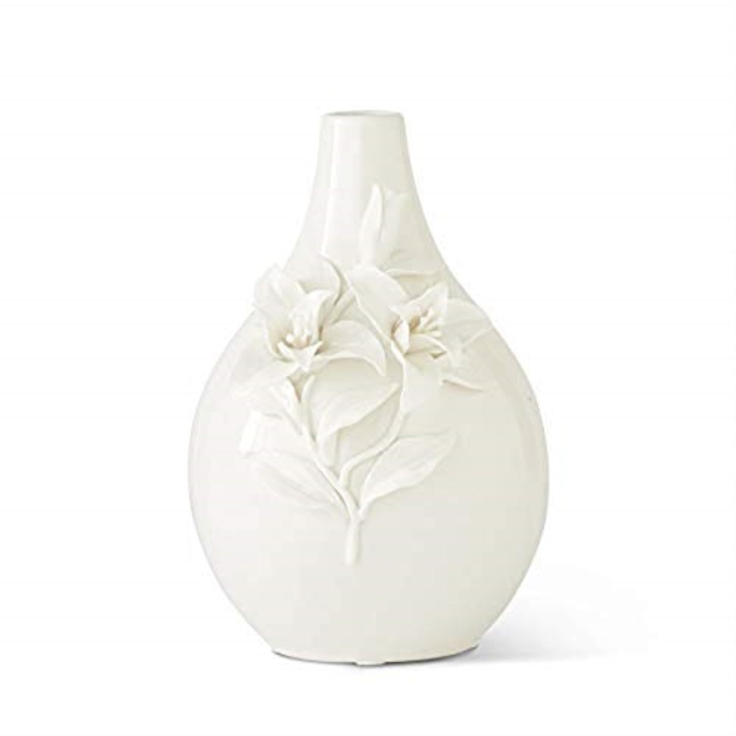 K&K Interiors 10.5 Inch White Ceramic Bottle Neck Vase with Raised Lily Flowers