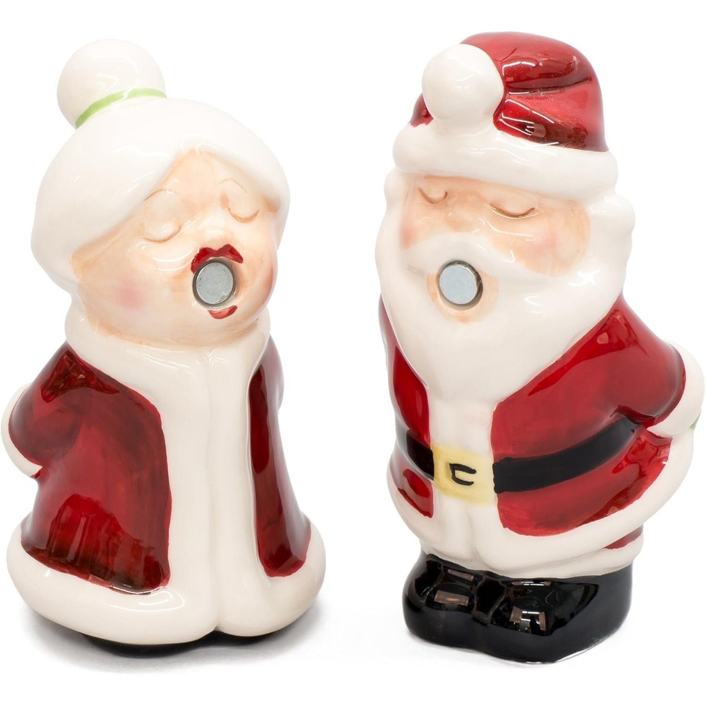 Santa Kissing Mrs Claus Ceramic Magnetic Salt and Pepper Shakers Set