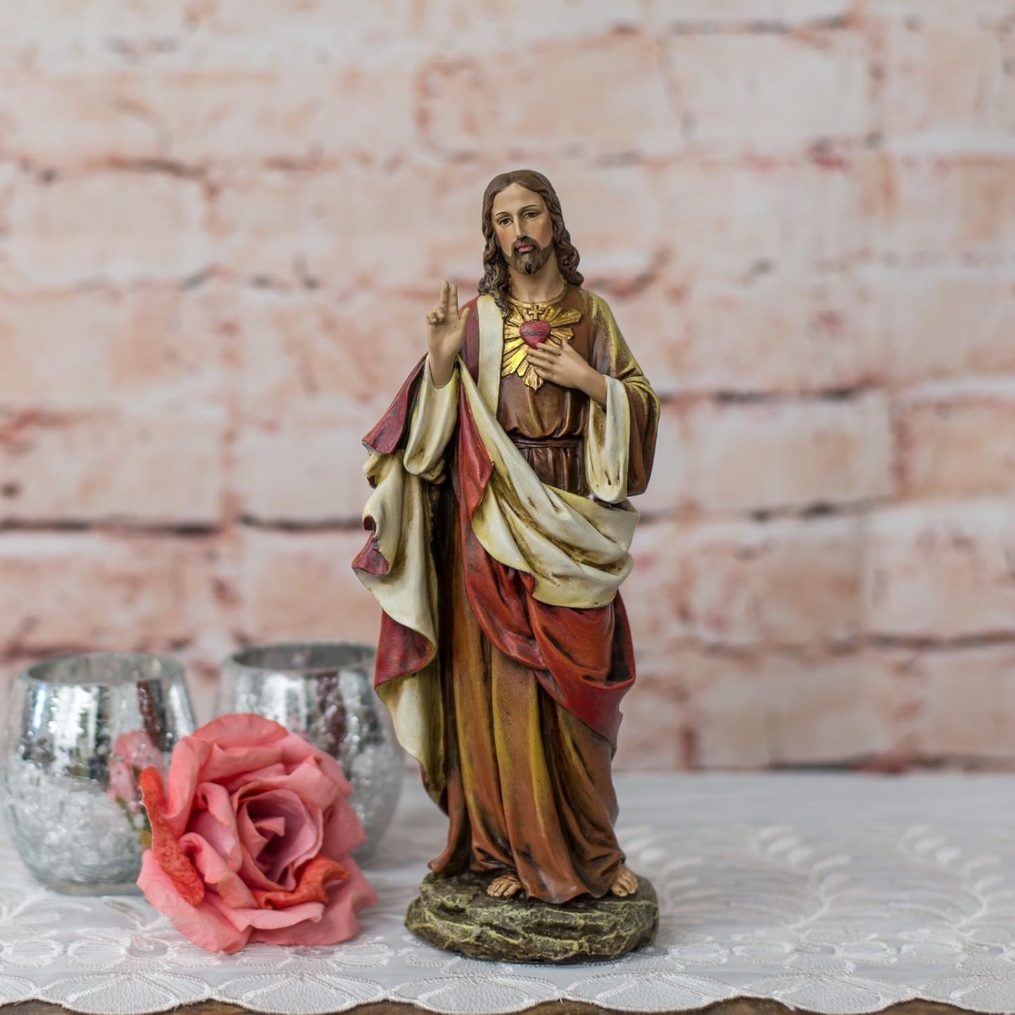 Joseph Studio 10.25" White and Pink Sacred Heart of Jesus Religious Tabletop Figurine
