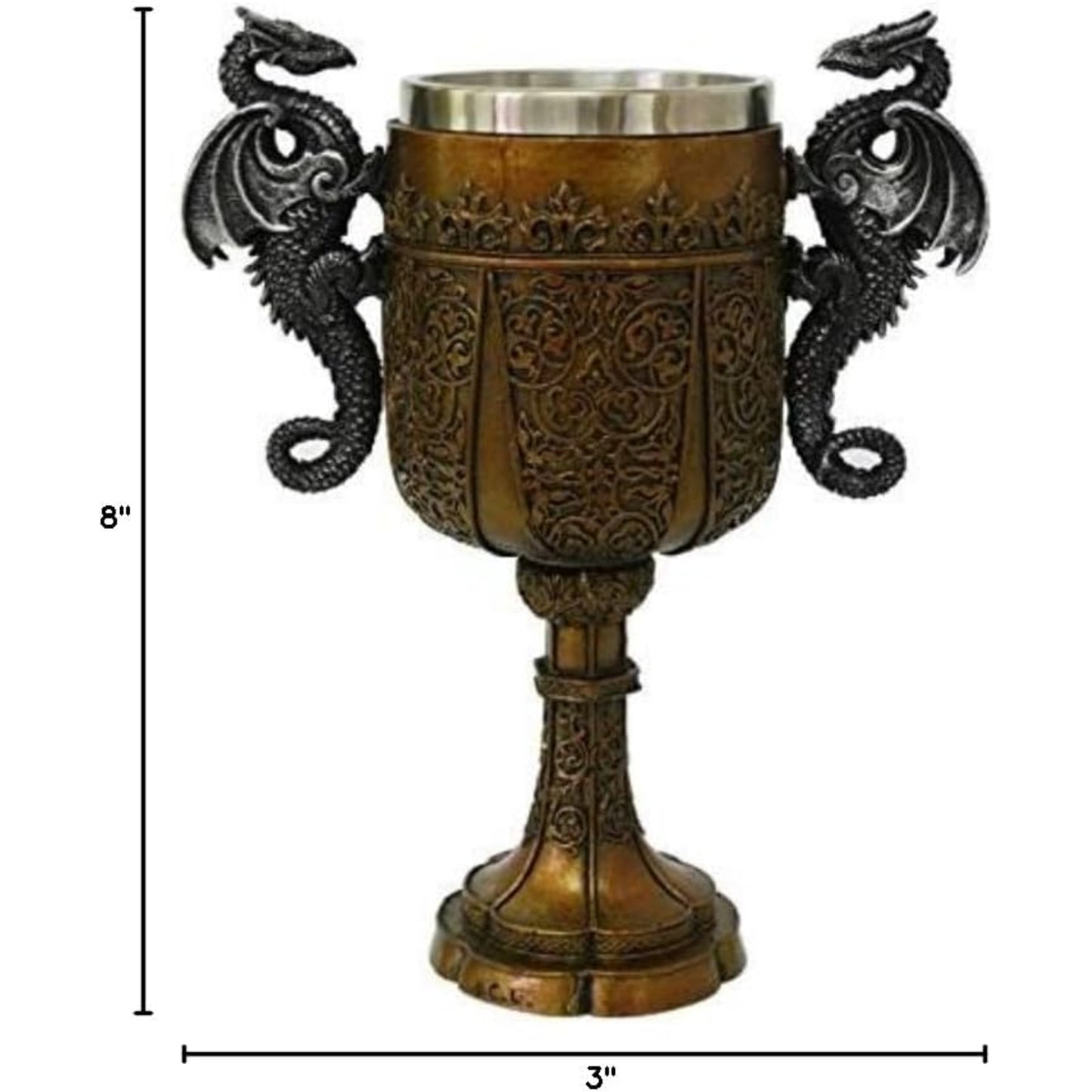 Double Dragon Drinking Chalice Goblet Resin Body Stainless Steel Cup 9 inches tall