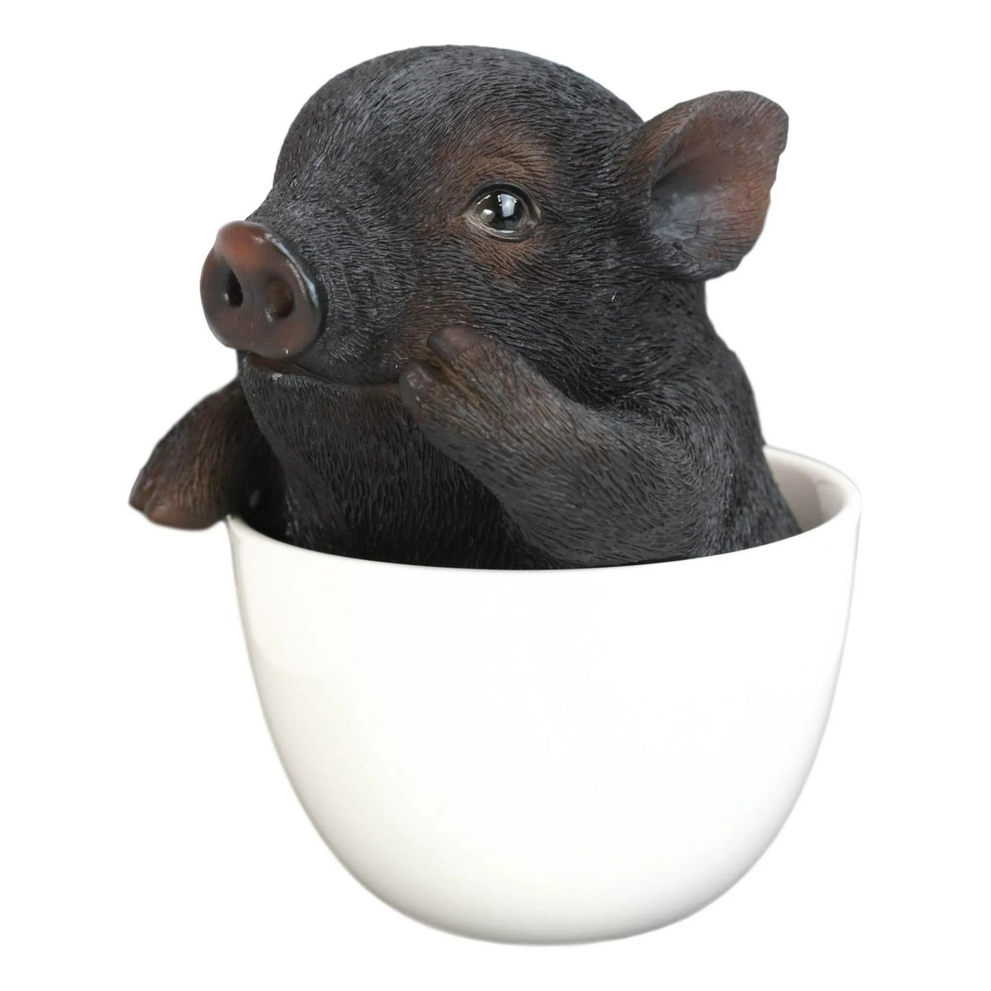 Rustic Lifelike Black Pig Piggy In Tea Cup Figurine Animal Farm Pigs Swine Decor