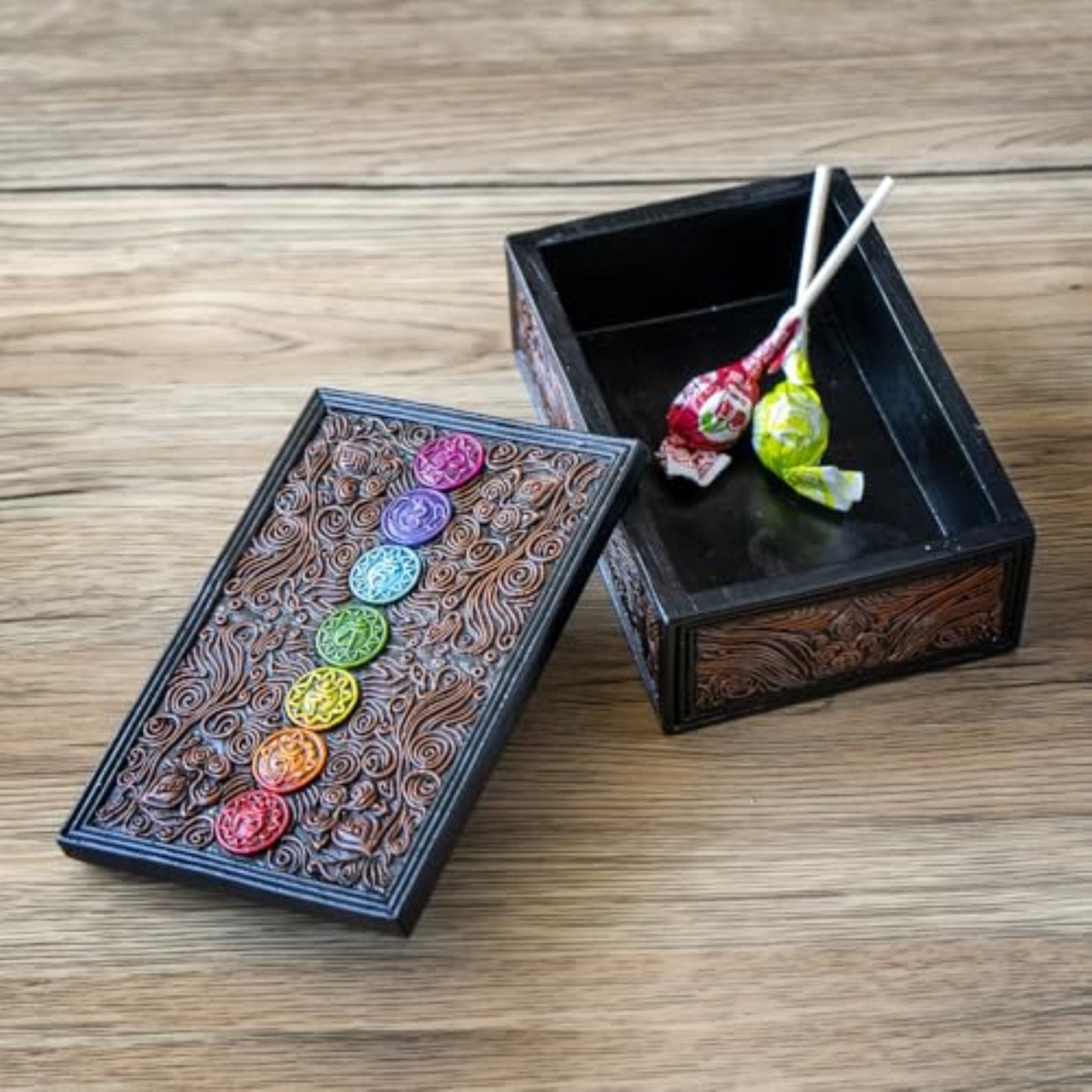 7 Chakra Energy Tarot Box with Ornate Swirl Patterns Design Perfect for Tarot Cards Jewelry and Spiritual Storage