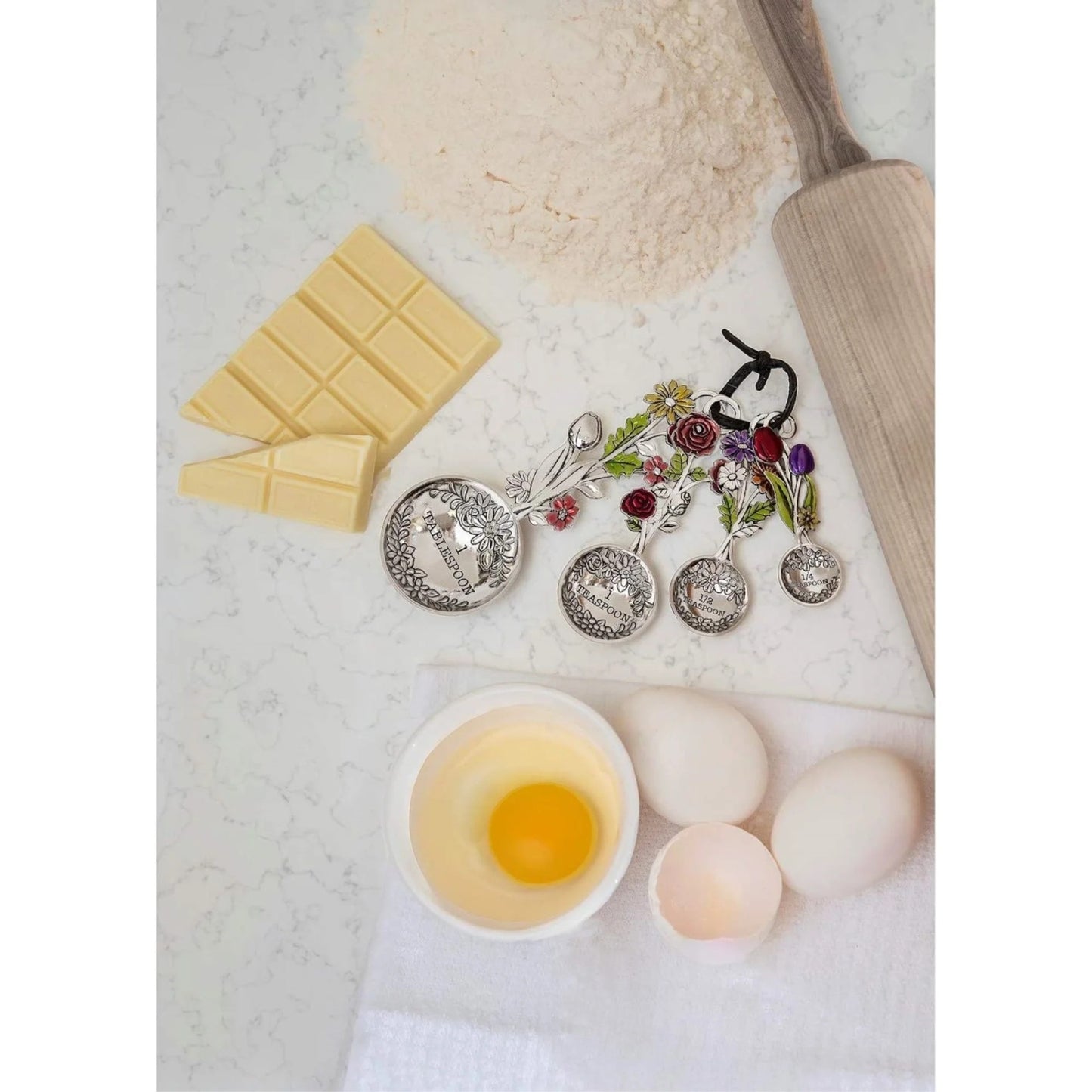 Colored Flower Bouquet Silver Zinc Metal 4 Piece Measuring Spoons Set