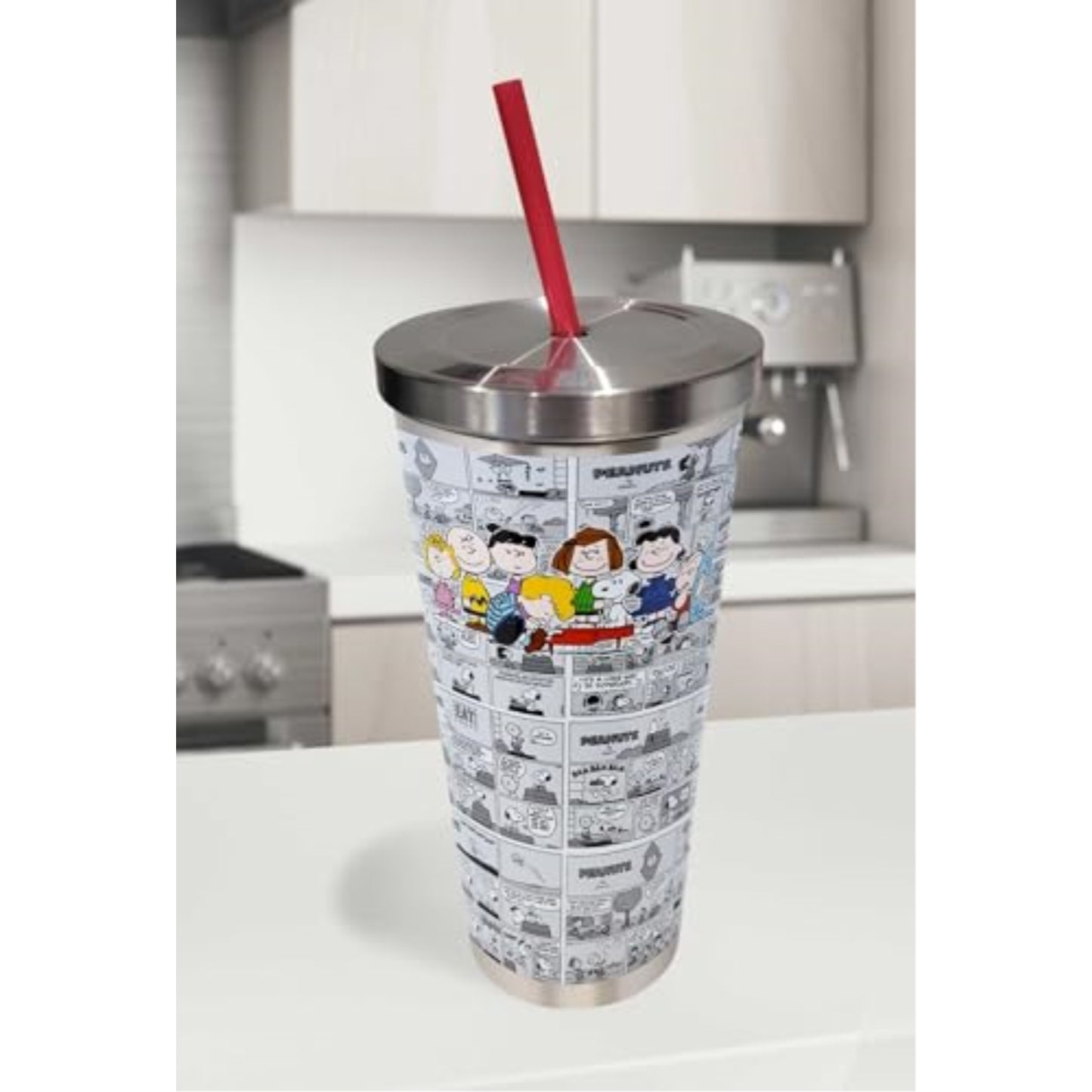 Spoontiques Peanuts Double Wall Insulated Stainless Steel Tumbler Travel Cup with Straw 24 ounce