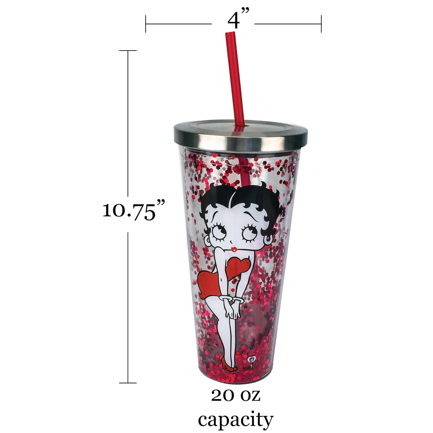 Spoontiques Betty Boop Double Walled Insulated Acrylic Tumbler Glitter Cup with Straw 20 ounce