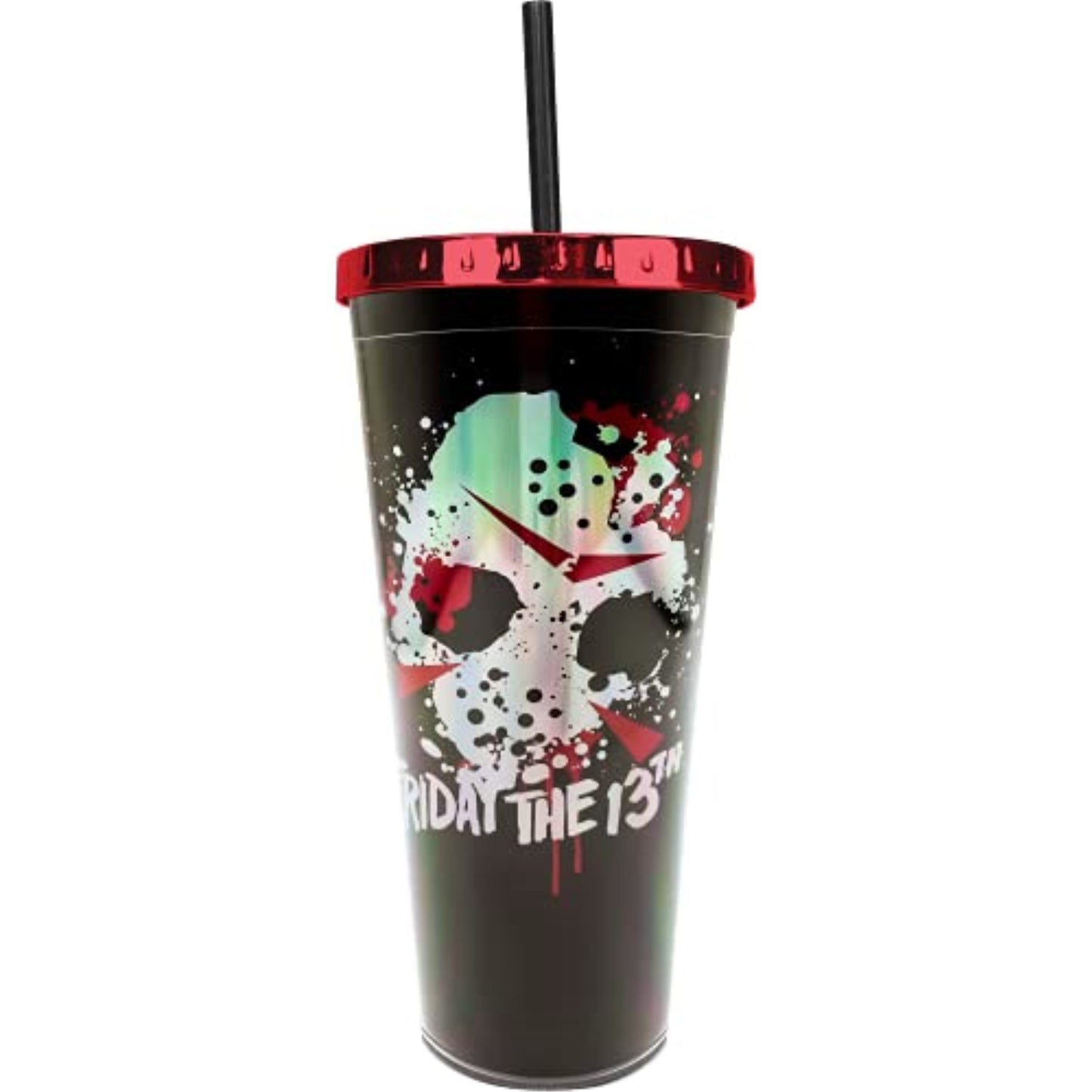 Spoontiques Friday the 13th Metallic Look Double Wall Insulated Acrylic Foil Cup with Straw 20 ounce
